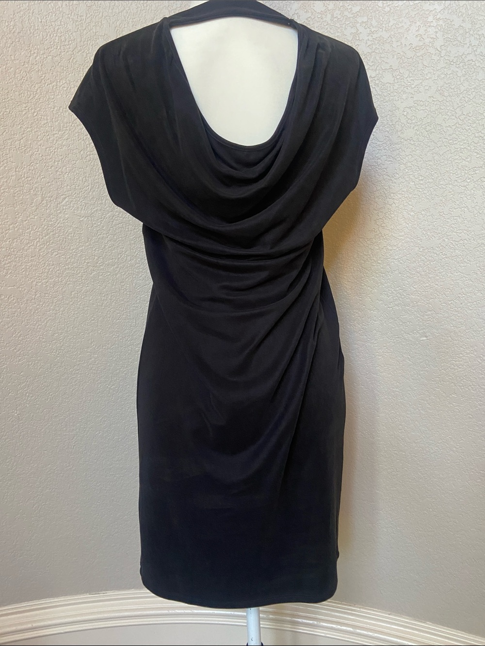 Chic Black Dress in silky fabric with draped back. Size S